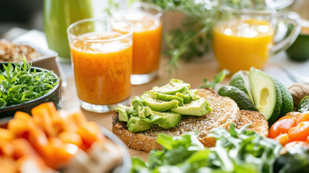 A vibrant display of fresh avocado toast paired with refreshing juices, showcasing an array of healthy ingredients. Ideal for promoting a nutritious diet and lifestyle.の素材
