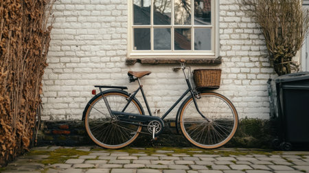 A charming vintage bicycle with a basket rests against a white brick wall. The scene evokes a peaceful and quaint atmosphere, perfect for a leisurely urban escape.の素材
