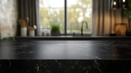 A sleek black marble countertop showcases a beautifully designed kitchen with natural light streaming through a large window, creating a warm atmosphere.の素材