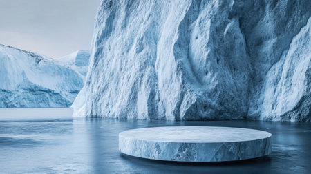 A serene image showcasing an isolated ice platform in tranquil waters, surrounded by stunning glacial formations, evoking a sense of peace and natural beauty.の素材