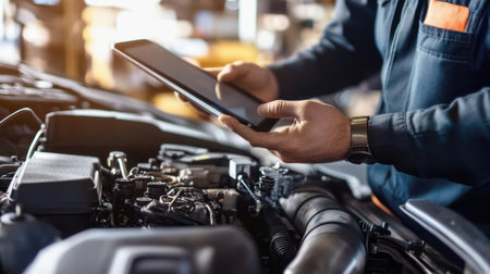 A focused automotive technician analyzes engine issues using a tablet in a workshop. This modern approach enhances vehicle diagnostics and repair efficiency.の素材