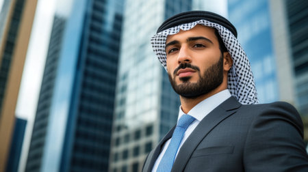A confident businessman wearing traditional attire stands against a modern urban skyline. The portrait highlights professionalism and cultural pride in a vibrant city environment.の素材
