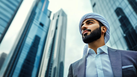A confident businessman stands against a backdrop of modern skyscrapers, showcasing urban elegance and ambition. This image represents success in a contemporary setting.の素材