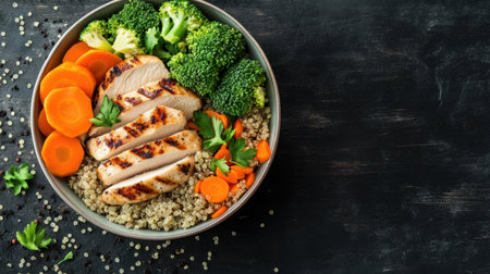A vibrant and nutritious quinoa bowl featuring grilled chicken, broccoli, and carrots. Ideal for healthy meal prep and balanced eating. Enjoy this delicious dish!の素材