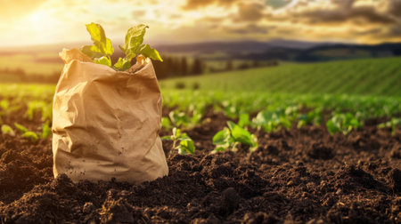 A young seedling emerges from a paper bag, symbolizing fresh growth and sustainable farming. The backdrop features a stunning sunset over fertile farmland.の素材