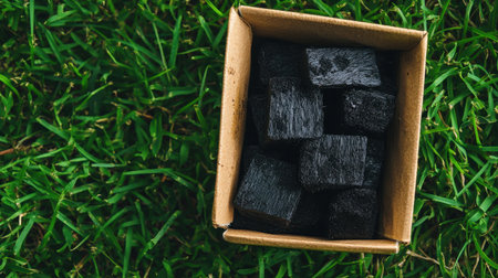 A cardboard box contains natural charcoal pieces resting on lush green grass. This image captures an organic feel ideal for eco-friendly projects or culinary uses.の素材