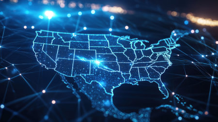 Bright digital map of the United States, featuring network connections and data points. This modern visualization emphasizes technology and connectivity in a vibrant design.の素材