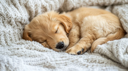 A charming golden retriever puppy peacefully sleeping on a soft, cozy blanket, embodying warmth and serenity in a domestic setting.の素材