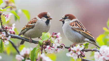 Two charming sparrows are perched on a blossoming branch, surrounded by vibrant flowers, capturing the essence of spring and the beauty of nature in a serene moment.の素材