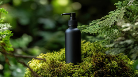 A sleek black shampoo bottle with a pump sits on lush green moss, surrounded by vibrant foliage, creating a serene and eco-friendly ambiance for beauty enthusiasts.の素材