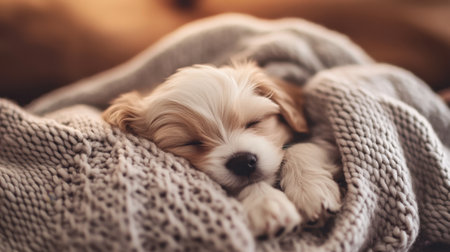 A cute puppy rests peacefully, nestled in a cozy blanket, showcasing pure innocence and comfort. The warm setting evokes feelings of joy and tranquility.の素材