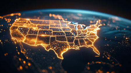 A captivating satellite view of the United States at night, showcasing vibrant city lights and illuminated states, highlighting geographical beauty and technology.の素材