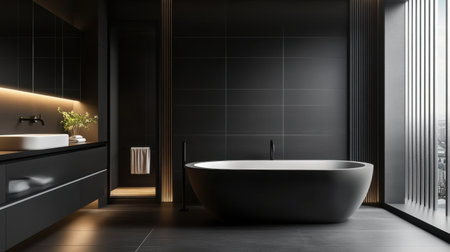 Discover an elegant minimalist bathroom featuring a sleek black bathtub, modern fixtures, and large windows offering a serene view, perfect for relaxation.の素材