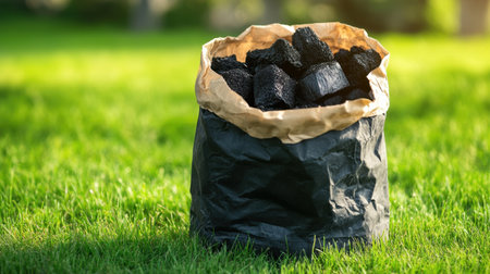 A vibrant image of a bag filled with black charcoal, resting on lush green grass. The sunlight enhances the textures, creating a peaceful outdoor scene.の素材