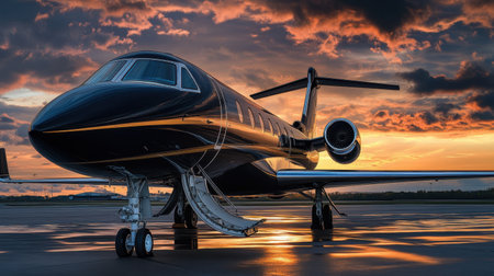 A stunning luxury jet rests on the tarmac, showcasing sleek design under a vivid sunset. The dramatic sky enhances the elegance of aviation travel.の素材