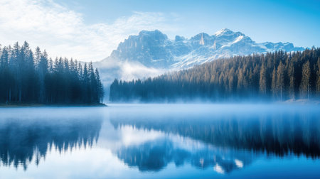 This breathtaking mountain landscape features a calm lake reflecting stunning peaks and fog, creating a serene atmosphere perfect for nature lovers.の素材