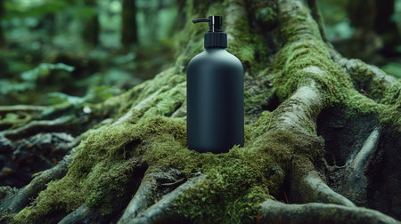 A sleek black bottle stands proudly on textured tree roots, surrounded by vibrant green moss in a serene forest setting, evoking a sense of tranquility and nature.の素材