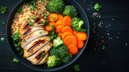 A vibrant bowl featuring grilled chicken breast, fluffy quinoa, and an array of fresh vegetables like broccoli and carrots. Perfect for healthy eating!の素材
