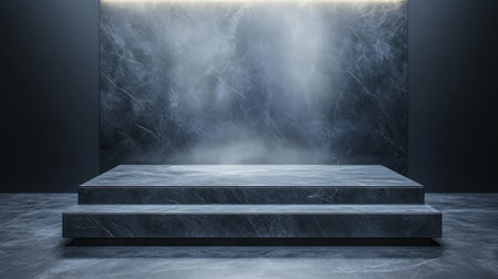 This image features an elegant minimalist stage designed with dark marble textures, soft lighting, and a clean backdrop, perfect for artistic presentations or exhibitions.の素材