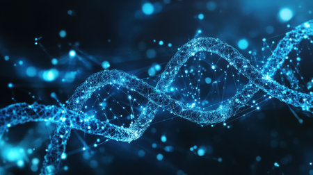 This image showcases an abstract representation of a DNA strand illuminated with glowing blue particles, symbolizing advanced scientific research and innovation in genetics.の素材
