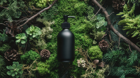 A striking black bottle stands out against lush moss and plant life, creating a serene and natural atmosphere ideal for wellness and beauty products.の素材