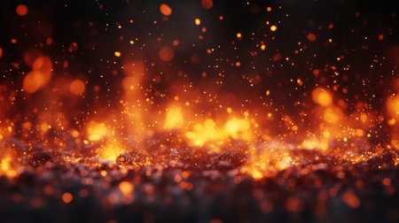 This stunning image showcases dynamic flames and glowing embers, creating a fiery backdrop filled with sparkling particles. Perfect for themes of heat and energy.の素材
