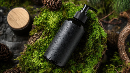 A sleek black bottle with a pump sits atop vibrant green moss, surrounded by natural elements. Perfect for beauty or organic product branding.の素材