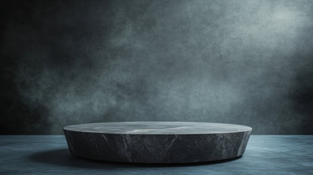 A dark marble display platform sits against a textured grey background, ideal for product staging or artistic presentations in a minimalist setting.の素材