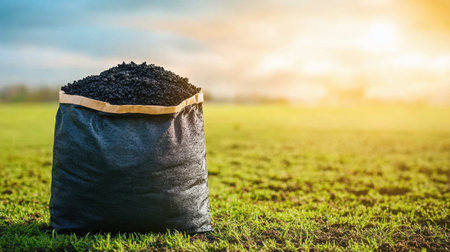 A black gravel sack sits prominently on a lush green grass field during sunset. This image captures the essence of nature's beauty combined with agricultural utility.の素材