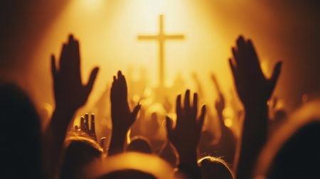 A powerful scene of worshippers raising hands in the presence of a glowing cross, symbolizing faith and spirituality. The uplifting atmosphere evokes deep emotions.の素材