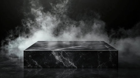 A striking dark marble platform rests on a reflective surface, enveloped in ethereal mist and smoke. The dramatic lighting creates an elegant and mysterious atmosphere, perfect for showcasing luxury products or artistic concepts.の素材