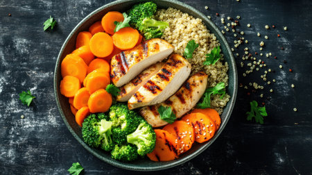 A vibrant plate showcasing grilled chicken breast, fluffy quinoa, and fresh steamed vegetables like broccoli and carrots, garnished with herbs. Perfect for a healthy meal.の素材