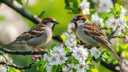 Two charming sparrows sit peacefully on a branch amidst blooming flowers, capturing the essence of spring and nature's beauty in a vibrant garden scene.の素材