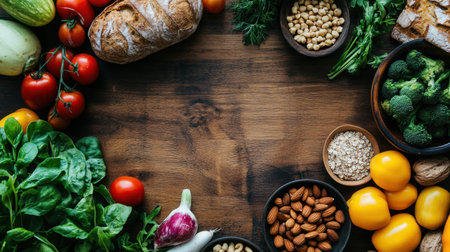 Discover a vibrant array of fresh organic ingredients ideal for healthy cooking. This image showcases vegetables, fruits, and nuts beautifully arranged on a rustic wooden table, perfect for inspiring nutritious meals.の素材