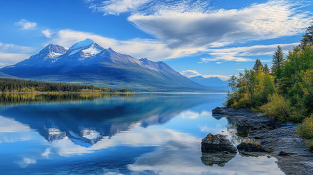 A serene landscape showcasing a calm lake reflecting stunning snowy mountains under a bright blue sky, perfect for nature lovers and outdoor enthusiasts.の素材