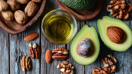 Discover a vibrant arrangement of fresh avocado halves, assorted nuts, and oil on a rustic wooden table. Ideal for healthy eating and cooking inspiration.の素材