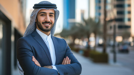 A confident Arab businessman stands with a smile in a modern urban setting. His professional attire and relaxed pose reflect a blend of tradition and modern business culture.の素材