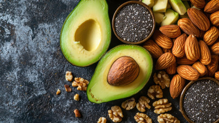 A vibrant arrangement of fresh avocado halves, nuts, seeds, and green apple slices on a rustic stone background, ideal for healthy eating themes.の素材