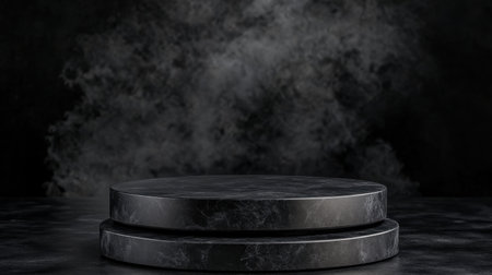 A sleek black marble pedestal sits against a dark smoky background, ideal for showcasing products or creating a dramatic artistic presentation in photography.の素材