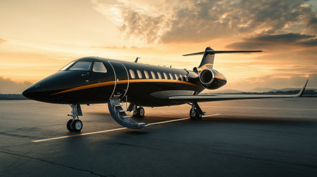 A luxurious private jet sits elegantly on the tarmac at sunset, showcasing its sleek design against a vibrant sky. Perfect for modern business travel and high-end adventure.の素材