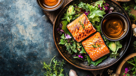 A delightful arrangement of grilled salmon fillets served on a bed of fresh salad, garnished with herbs and accompanied by tea. Perfect for a healthy meal.の素材