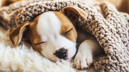 A serene scene of a small puppy peacefully sleeping under a soft blanket. This adorable dog exudes comfort and tranquility in its cozy environment, making it perfect for pet lovers.の素材
