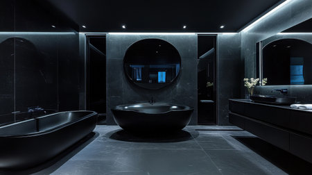 Discover a stunning modern bathroom featuring sleek black fixtures, minimalist decor, and stylish lighting. Ideal for a contemporary home aesthetic.の素材
