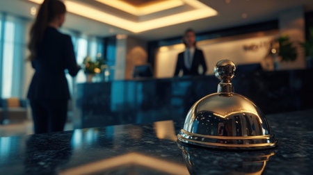 A luxurious reception area featuring a shiny golden bell on a marble desk, with business professionals engaged in conversation, representing hospitality and service.の素材