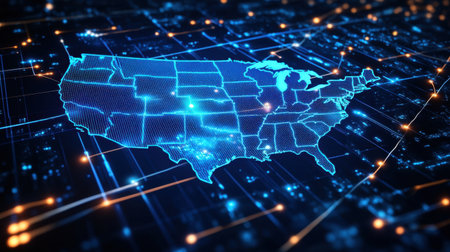 Futuristic digital map of the United States, showcasing neon blue circuit patterns and data connections, representing advanced technology and communication.の素材