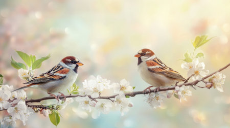 Two charming sparrows sit on a delicate branch adorned with blossoms. The soft background creates a serene and tranquil atmosphere, ideal for nature lovers.の素材