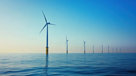 A peaceful view of offshore wind turbines standing tall in calm waters, showcasing renewable energy technology against a stunning blue sky and tranquil ocean.の素材