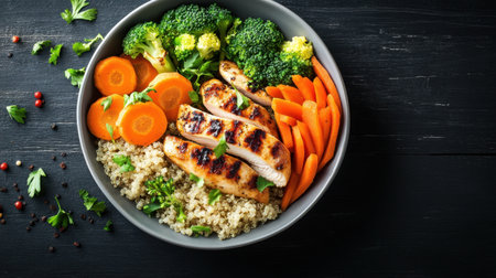 A beautifully arranged grilled chicken bowl features tender chicken, vibrant broccoli, and sweet carrots served with quinoa, making a colorful and nutritious meal.の素材