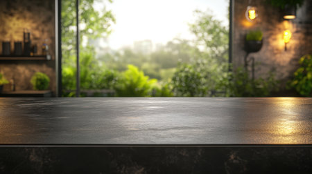 A minimalist kitchen countertop highlighting a beautiful natural background filled with greenery. This setting evokes tranquility and warmth, perfect for modern lifestyle imagery.の素材