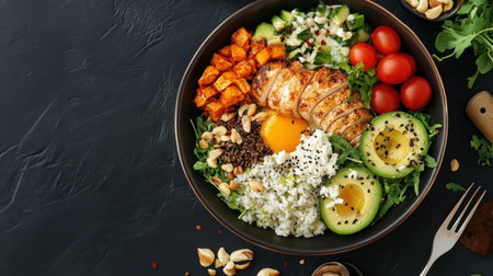 A vibrant bowl filled with grilled chicken, creamy avocado, fresh vegetables, and a soft egg. Perfect for a nutritious and appetizing meal option.の素材
